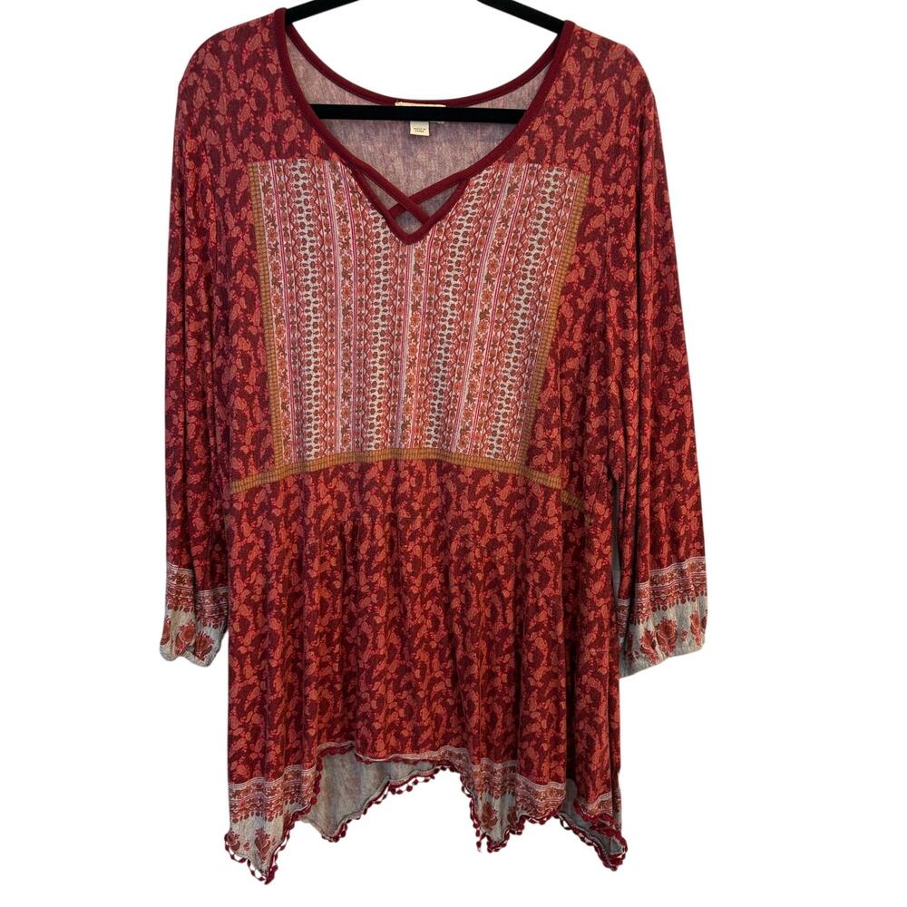 One World Boho Paisley Knit Tunic Top Red Pom Pom Hem Plus Size 2X